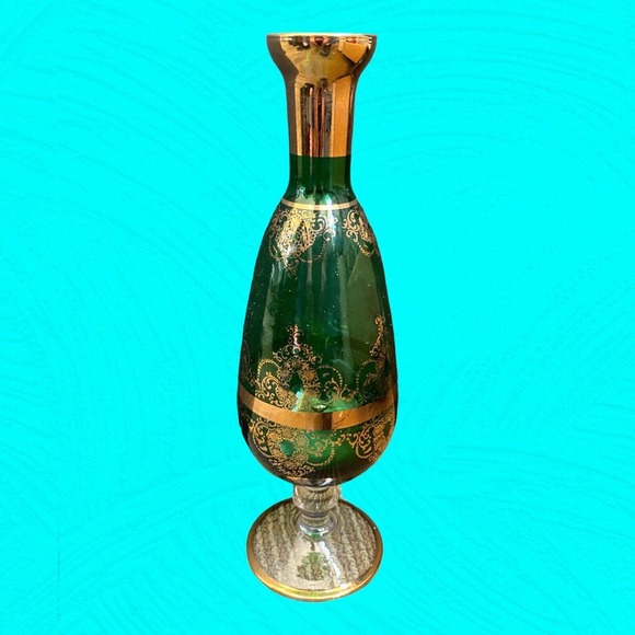 Vintage Green Glass Footed Vase, Gold Trim 10 1/2” Tall - Picture 8 of 9